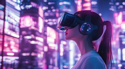 Young woman immersed in augmented reality, interacting with an online shopping platform. The backdrop features a cyberpunk city with neon lights and futuristic architecture.