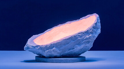 A large rock with a hole in the middle sits on a table. The rock is illuminated by a light, creating a warm and inviting atmosphere. The contrast between the dark rock