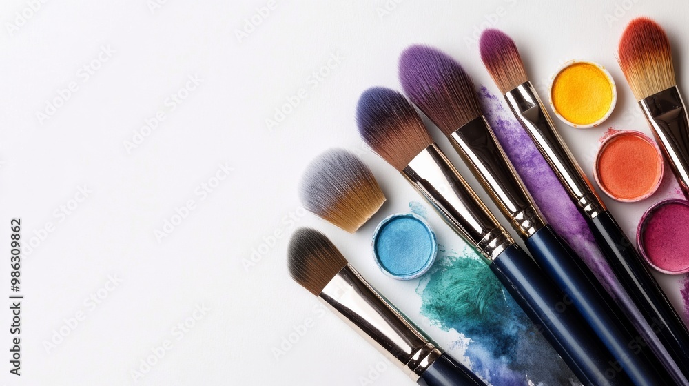 Poster a vibrant array of paintbrushes lined up against a colorful watercolor background