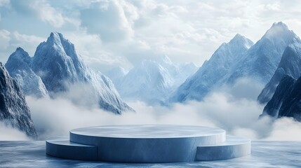 A serene icy landscape featuring towering mountains, a circular ice formation, and a misty atmosphere, evoking a sense of tranquility and isolation., podium.