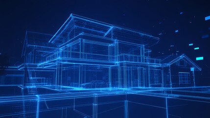3d perspective blueprint building scan line,technology background. 3D Modeling. Illustration