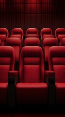 Fototapeta premium Red cinema or theater seats with armrests arranged in rows for watching movies. The movie screen is obscured from view, without people