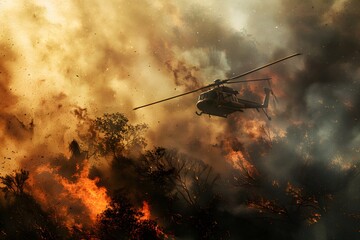 A helicopter carrying out a water drop over a forest fire. 