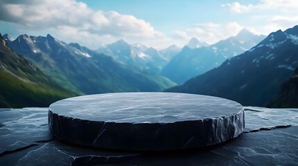 A serene mountain landscape features a circular stone platform surrounded by majestic peaks and a clear blue sky., podium.