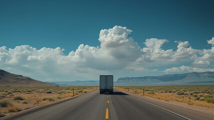 A lone truck travels through expansive desert landscape under a vibrant sky during the day