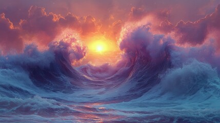 Fototapeta premium Vibrant sunset over waves creating a stunning seascape in twilight