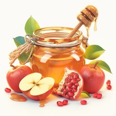 3D render of a honey jar with a dipper, apples, and pomegranate seeds isolated on a white background