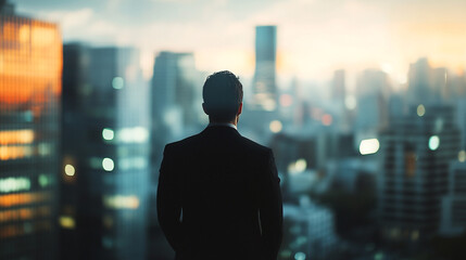 Business professional contemplating the city skyline at dusk in an urban environment