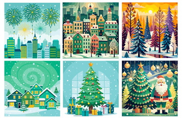 Set of festive vector illustrations featuring New Year themes with Christmas trees and fireworks