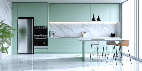 This chic kitchen features mint green cabinets, stainless steel appliances, and white marble countertops