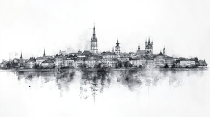 Fototapeta premium Kielce, Poland, black and white pen pencil hand-drawn effect drawing illustration for travel poster, card, wallpaper, backdrop or banner. Modern, clear, artistic and simple