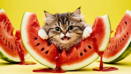 Cute Fluffy Cat Playfully Peeking from Watermelon Slice