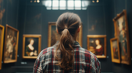 Obraz premium A visitor admires classic paintings in a historic art gallery during daylight hours