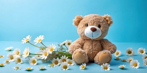 Adorable toy bear surrounded by chamomile flowers on blue background with copy space