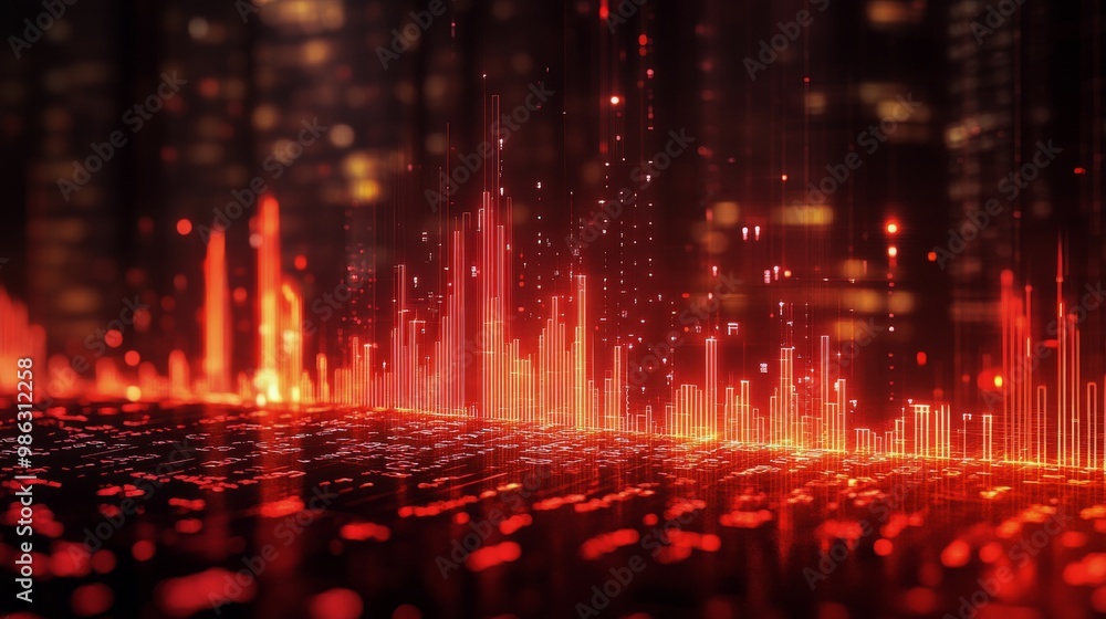 Poster dynamic red sound wave visualization in an urban setting during nighttime