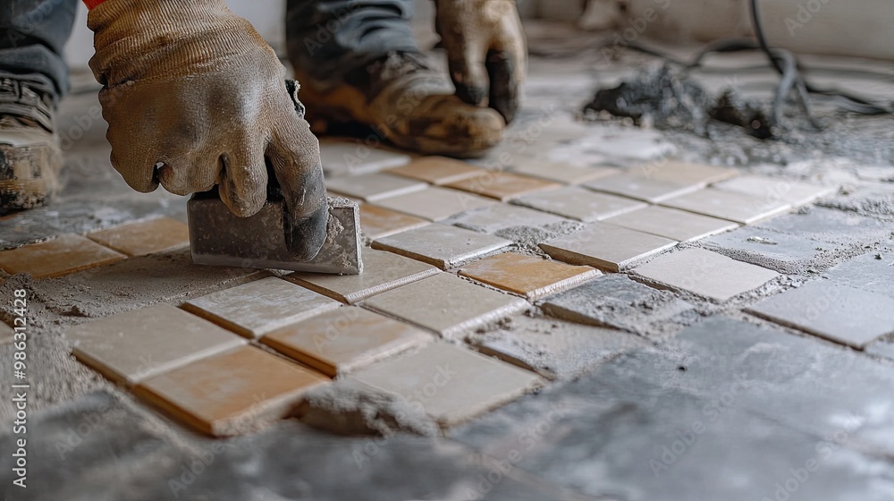 Poster a detailed shot of a tiler adjusting a small floor tile, ensuring the spacing between each tile is u
