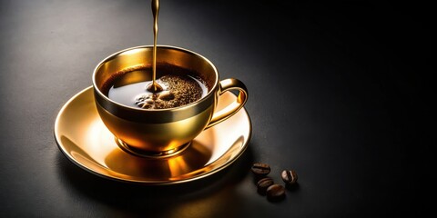 Top view of coffee pouring into a golden cup with black background, ideal for coffee lovers and cafe scenes