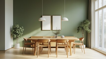 Modern Scandinavian Dining Room with Wooden Table, Pendant Lights, and Green Walls
