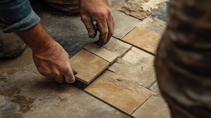 A detailed shot of a tiler adjusting a small floor tile, ensuring the spacing between each tile is uniform and neat.