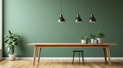 Modern Scandinavian Dining Room with Wooden Table, Pendant Lights, and Green Walls