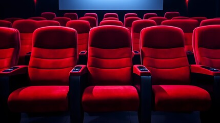 Obraz premium Red cinema or theater seats with armrests arranged in rows for watching movies. The movie screen is obscured from view, without people