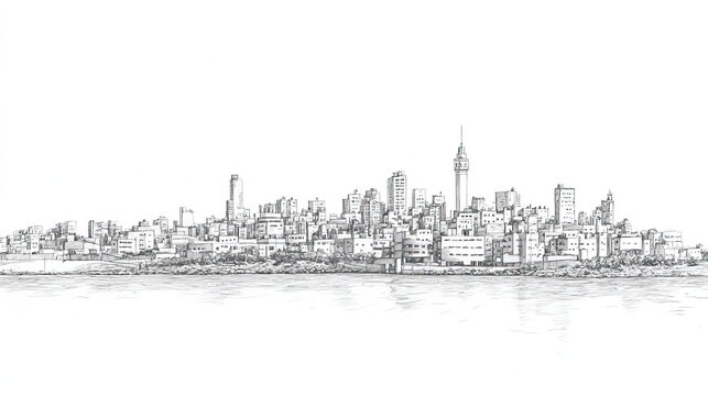 Kismayo, Somalia, black and white pen pencil hand-drawn effect drawing illustration for travel poster, card, wallpaper, backdrop or banner. Modern, clear, artistic and simple