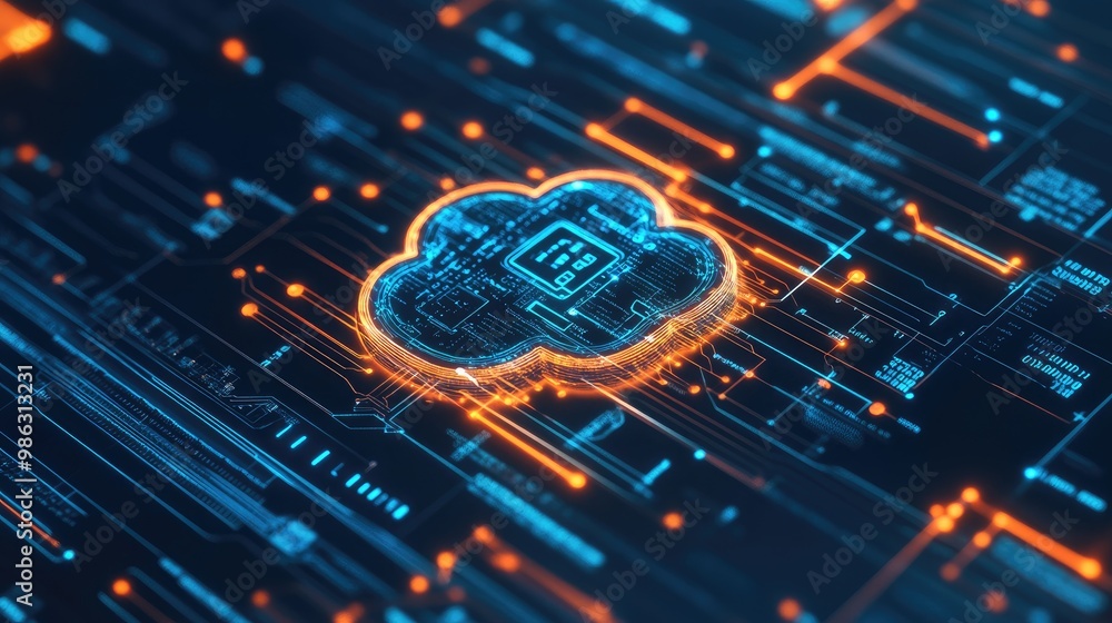 Poster a digital bank interface connected to a cloud network, symbolizing secure online banking and commerc