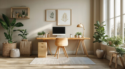Bright Scandinavian Home Office with Wooden Furniture and Indoor Plants