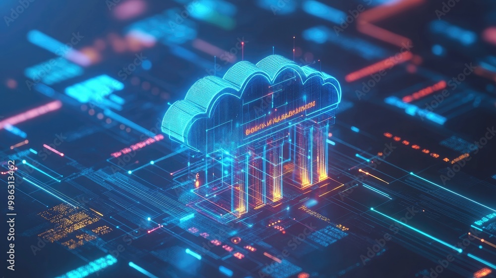 Aufkleber a digital bank interface connected to a cloud network, symbolizing secure online banking and commerc