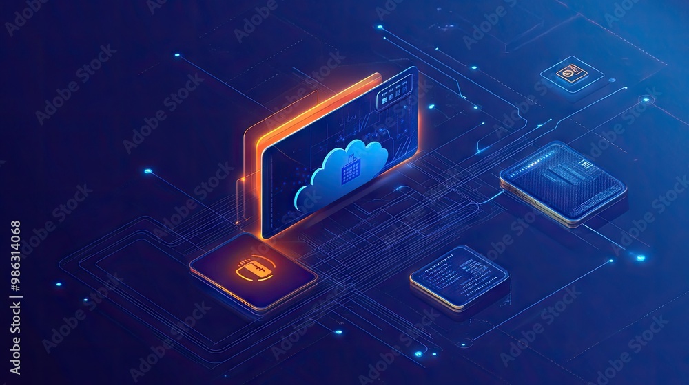 Poster a digital wallet icon linked to data nodes in the cloud, representing secure personal financial tran