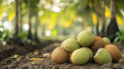 Fresh coconut fruits pile up on ground in coconut tree forest