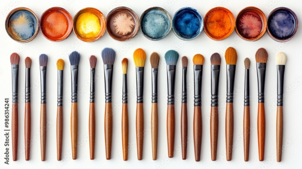 Poster a vibrant array of paintbrushes lined up against a colorful watercolor background