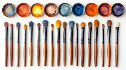 A vibrant array of paintbrushes lined up against a colorful watercolor background