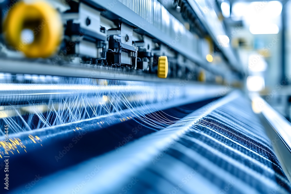 Poster close-up of a textile machine weaving threads