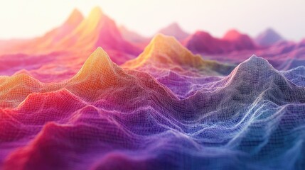 Fototapeta premium A digital wireframe landscape of colorful mountains, with a strong depth of field effect, enhancing the sense of perspective and distance.