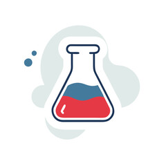 A glass beaker filled with a red and blue liquid. The liquid is in a glass container with a blue handle