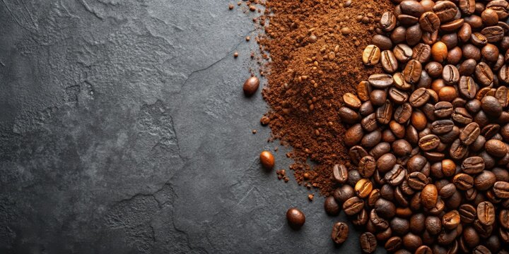 Roasted coffee beans and ground coffee on grey background with copy space above