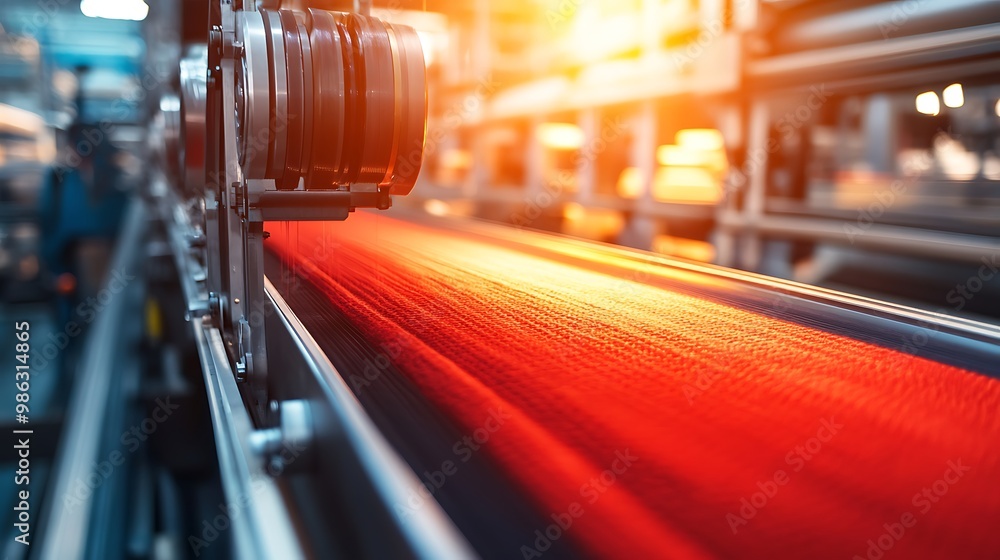 Poster close-up of a conveyor belt with red fabric in a factory setting