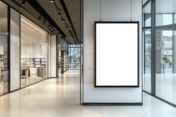 Hanging sign mockup on glass door in modern storefront.