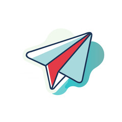 A paper airplane is flying in the air. The airplane is blue and red