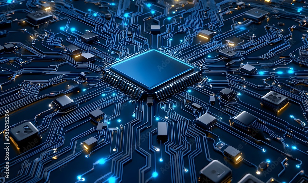 Poster intricate blue micro-circuit design showcasing advanced technology and connectivity, emphasizing pre
