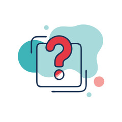 A red question mark is drawn on a blue square. The image has a playful and curious mood