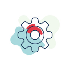 A gear with red and blue paint on it. The gear is a symbol of progress
