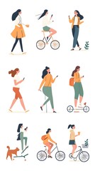 Vector illustration of people in different poses, riding bicycles and walking dogs on a white background, with a flat design, minimalist style, simple shapes, and a vector art style.