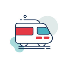 A white train with red and blue stripes. The train is moving on a track. The train is a symbol of transportation and travel