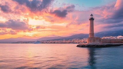 Lighthouse at Rethymnon Town in Crete, Greece