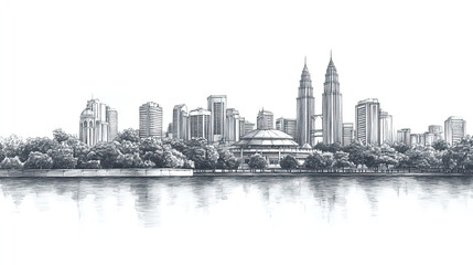 Obraz premium Kuching, Malaysia, black and white pen pencil hand-drawn effect drawing illustration for travel poster, card, wallpaper, backdrop or banner. Modern, clear, artistic and simple