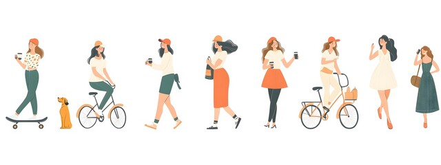Vector illustration of people in different poses, riding bicycles and walking dogs on a white background, with a flat design, minimalist style, simple shapes, and a vector art style.