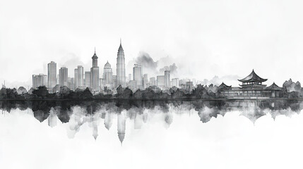 Obraz premium Kuching, Malaysia, black and white pen pencil hand-drawn effect drawing illustration for travel poster, card, wallpaper, backdrop or banner. Modern, clear, artistic and simple