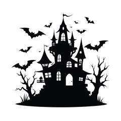 A haunted house with trees, cobwebs and bats flying around the house. Black and white illustration